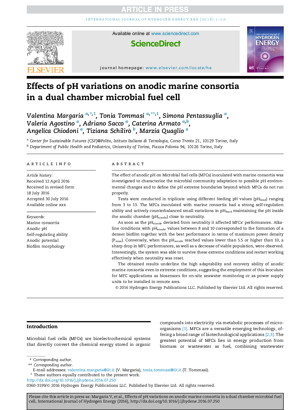 Effects of pH variations on anodic marine consortia in a dual chamber microbial fuel cell