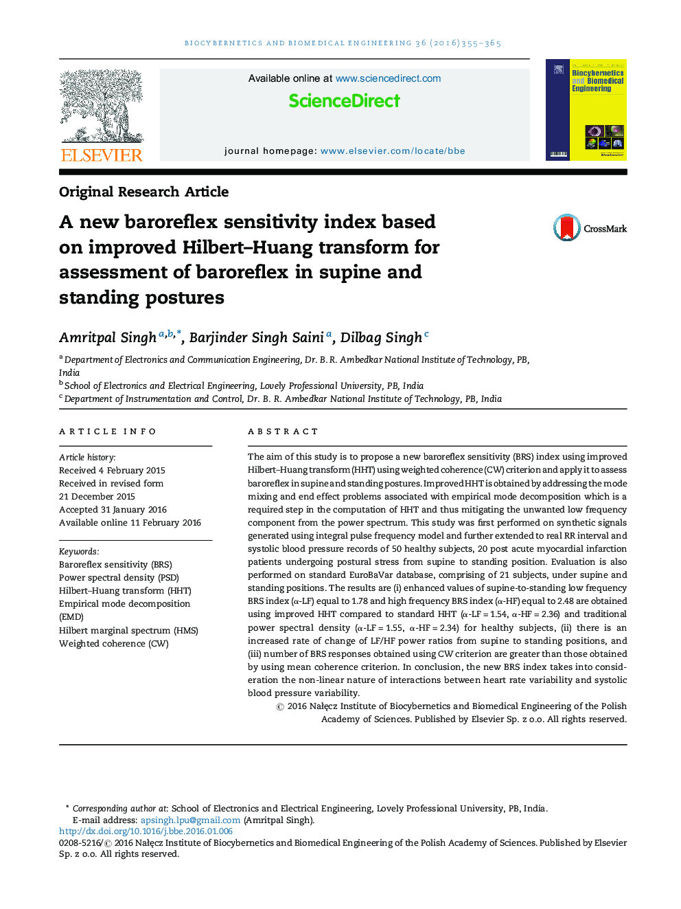 A new baroreflex sensitivity index based on improved Hilbert–Huang transform for assessment of baroreflex in supine and standing postures