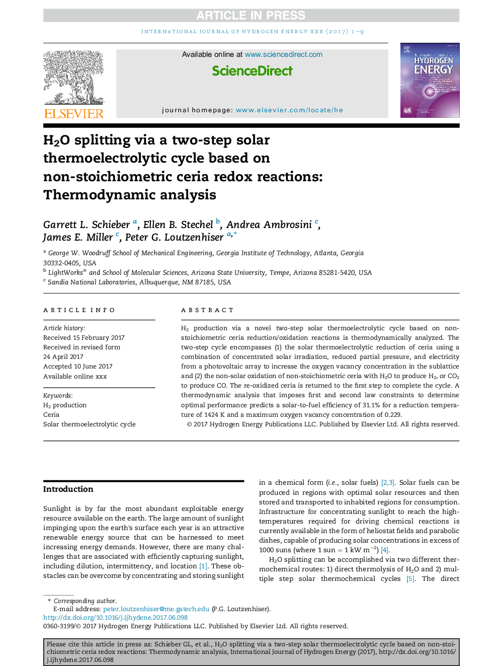 H2O splitting via a two-step solar thermoelectrolytic cycle based on non-stoichiometric ceria redox reactions: Thermodynamic analysis