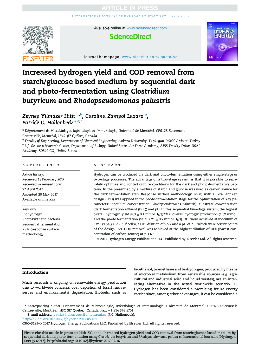Increased hydrogen yield and COD removal from starch/glucose based medium by sequential dark and photo-fermentation using Clostridium butyricum and Rhodopseudomonas palustris