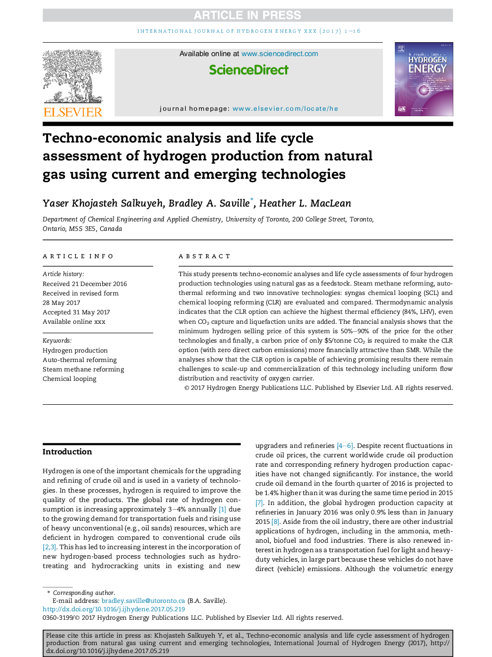 Techno-economic analysis and life cycle assessment of hydrogen production from natural gas using current and emerging technologies