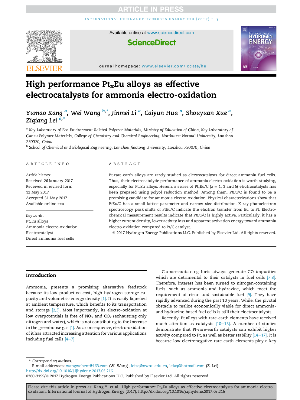 High performance PtxEu alloys as effective electrocatalysts for ammonia electro-oxidation