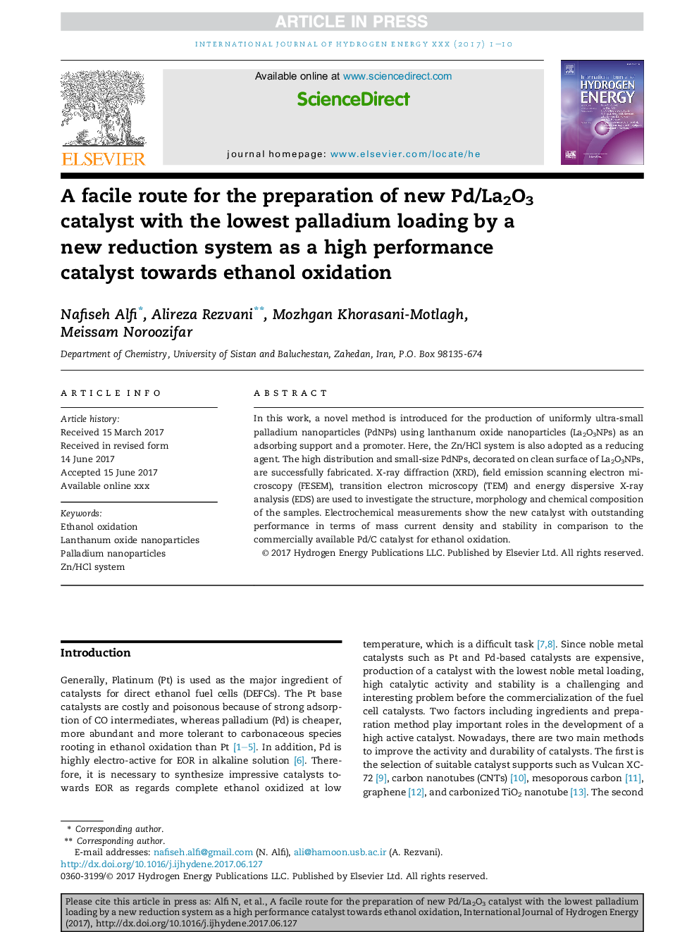 A facile route for the preparation of new Pd/La2O3 catalyst with the lowest palladium loading by a new reduction system as a high performance catalyst towards ethanol oxidation