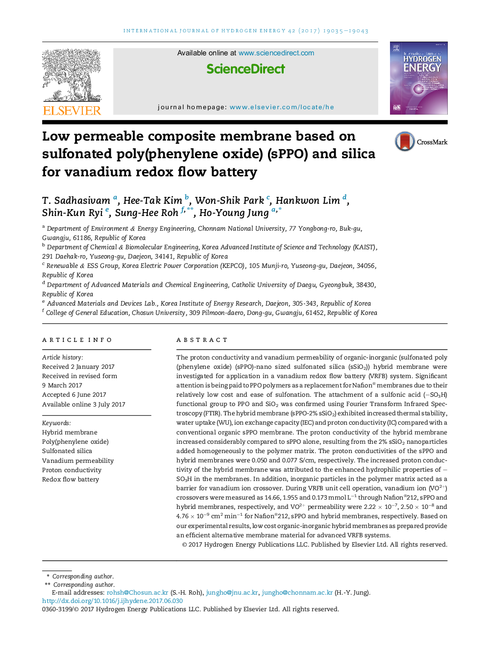 Low permeable composite membrane based on sulfonated poly(phenylene oxide) (sPPO) and silica for vanadium redox flow battery