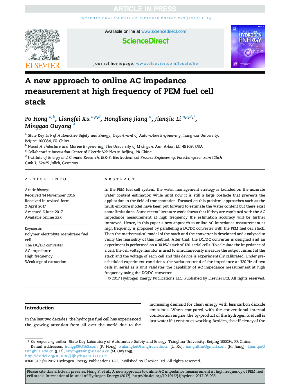 A new approach to online AC impedance measurement at high frequency of PEM fuel cell stack