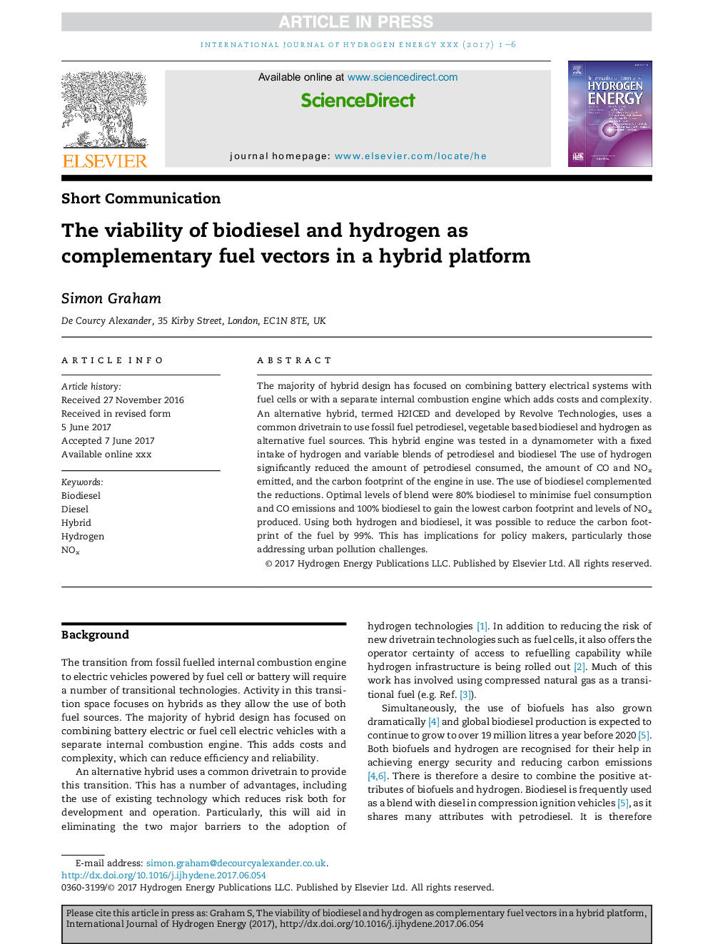 The viability of biodiesel and hydrogen as complementary fuel vectors in a hybrid platform