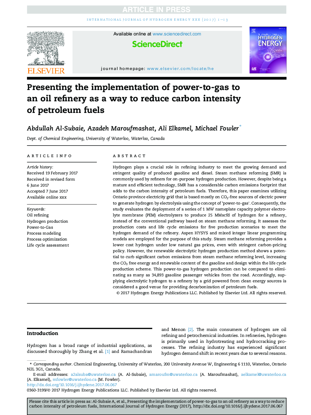 Presenting the implementation of power-to-gas to an oil refinery as a way to reduce carbon intensity of petroleum fuels