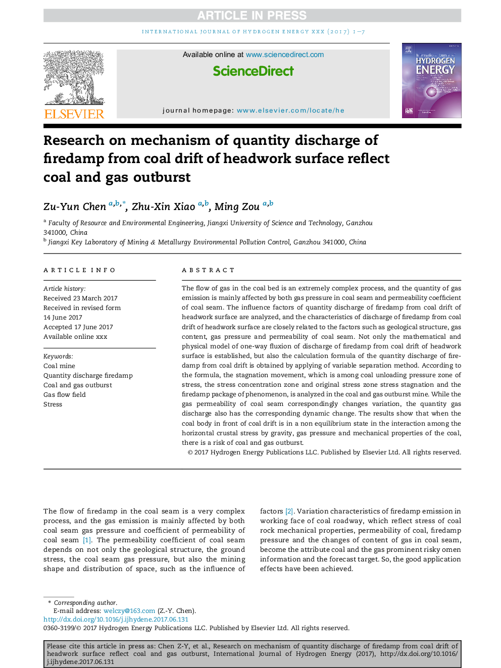 Research on mechanism of quantity discharge of firedamp from coal drift of headwork surface reflect coal and gas outburst