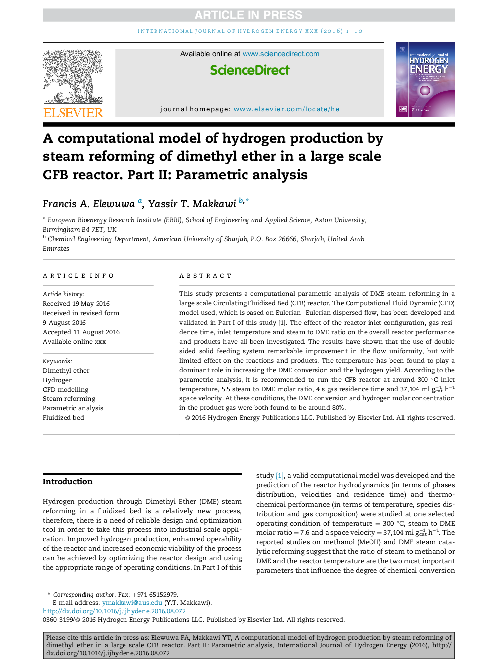 A computational model of hydrogen production by steam reforming of dimethyl ether in a large scale CFB reactor. Part II: Parametric analysis