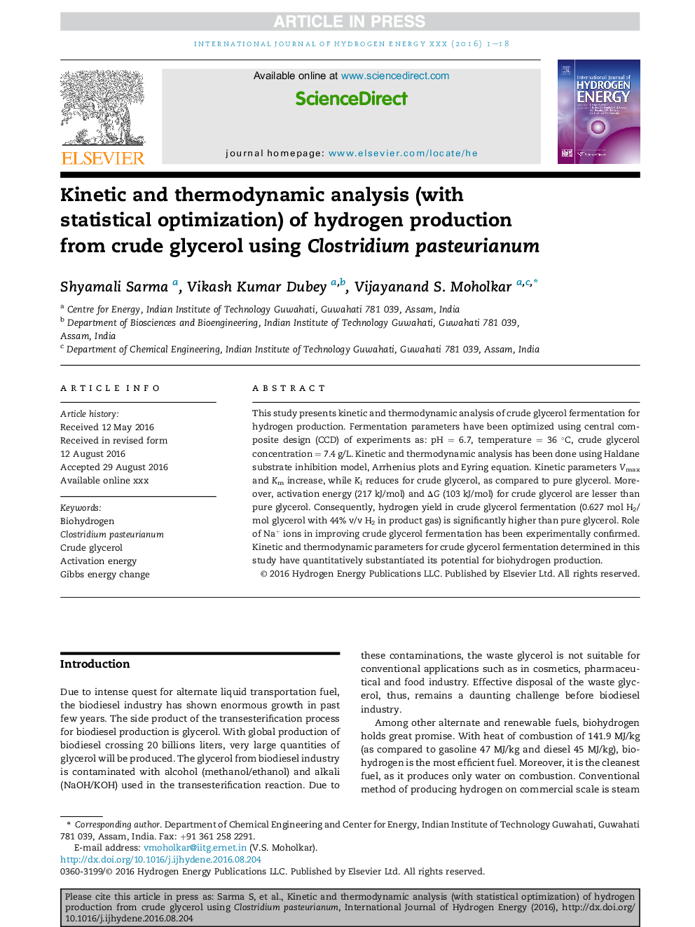 Kinetic and thermodynamic analysis (with statistical optimization) of hydrogen production from crude glycerol using Clostridium pasteurianum