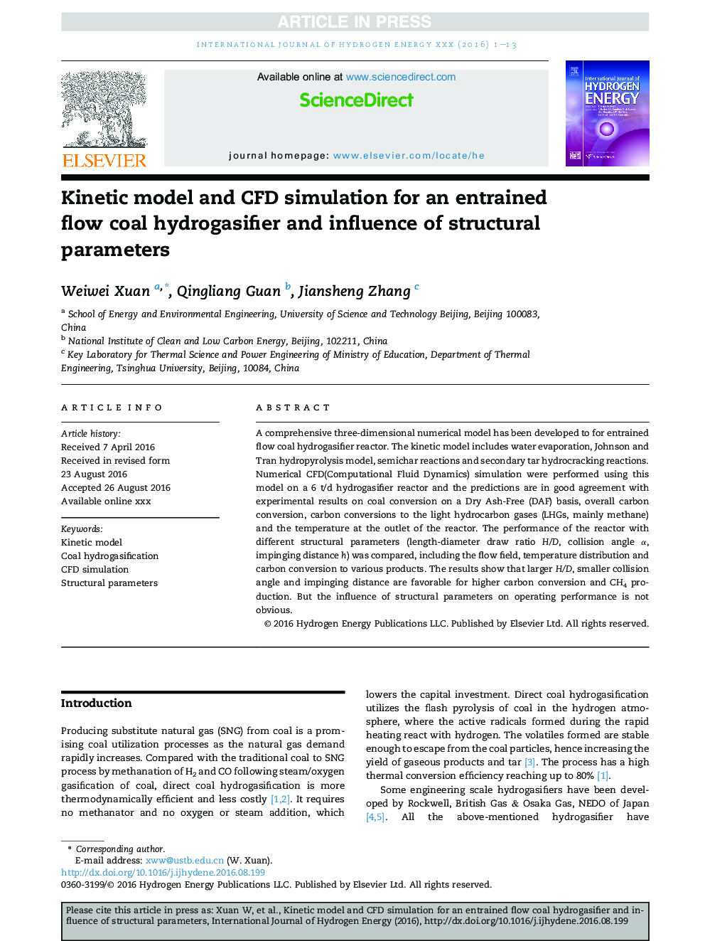 Kinetic model and CFD simulation for an entrained flow coal hydrogasifier and influence of structural parameters