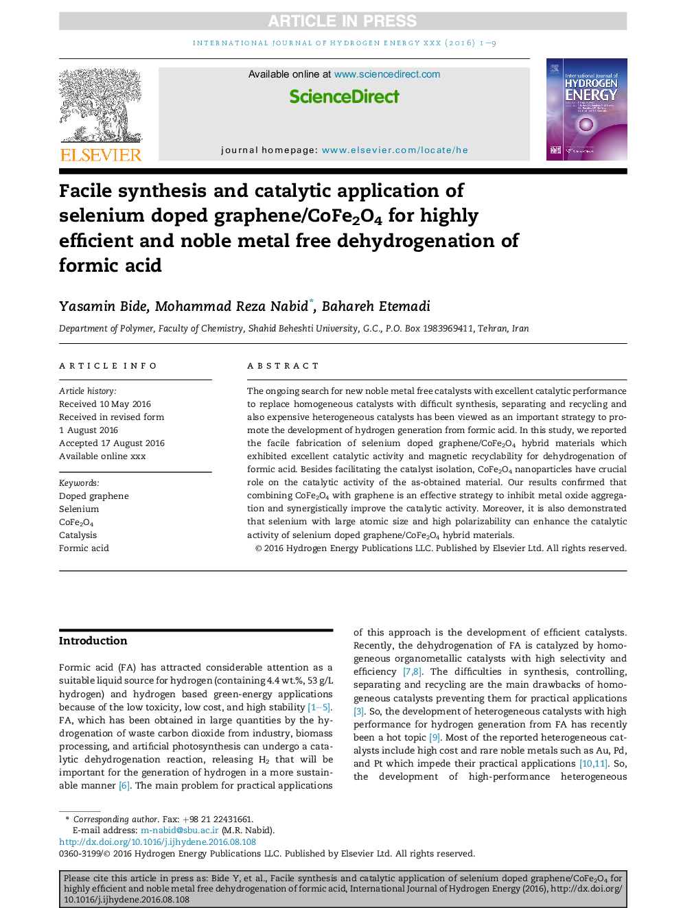 Facile synthesis and catalytic application of selenium doped graphene/CoFe2O4 for highly efficient and noble metal free dehydrogenation of formic acid