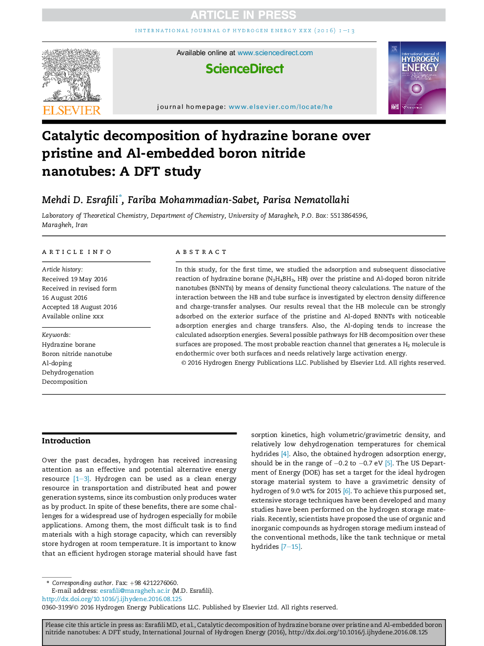 Catalytic decomposition of hydrazine borane over pristine and Al-embedded boron nitride nanotubes: A DFT study