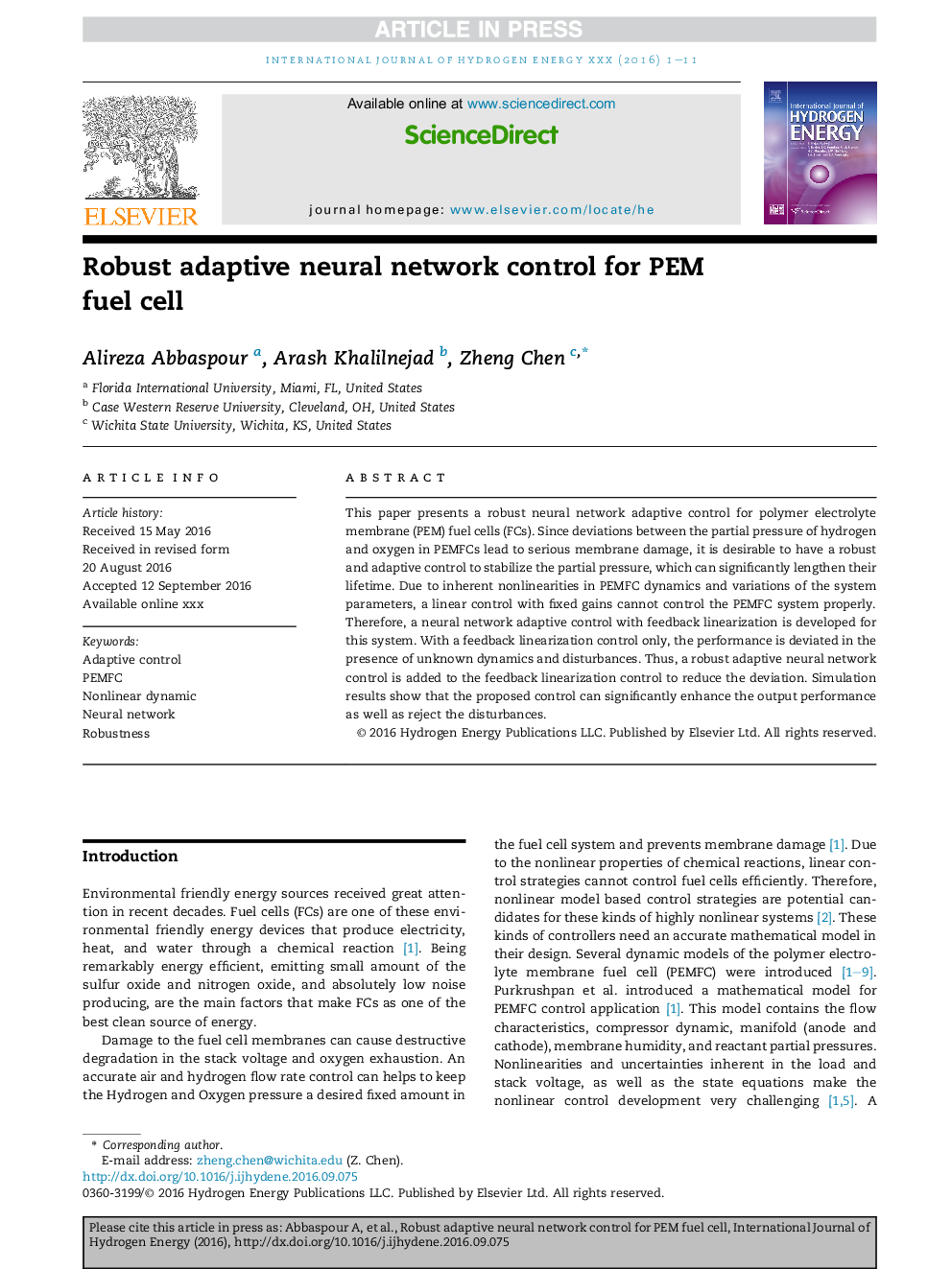 Robust adaptive neural network control for PEM fuel cell