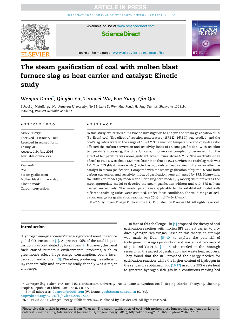 The steam gasification of coal with molten blast furnace slag as heat carrier and catalyst: Kinetic study