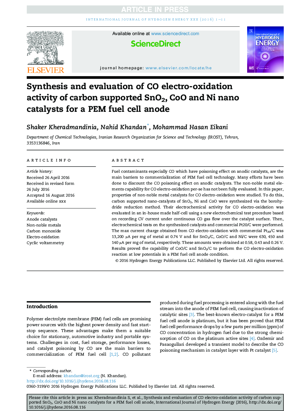 Synthesis and evaluation of CO electro-oxidation activity of carbon supported SnO2, CoO and Ni nano catalysts for a PEM fuel cell anode