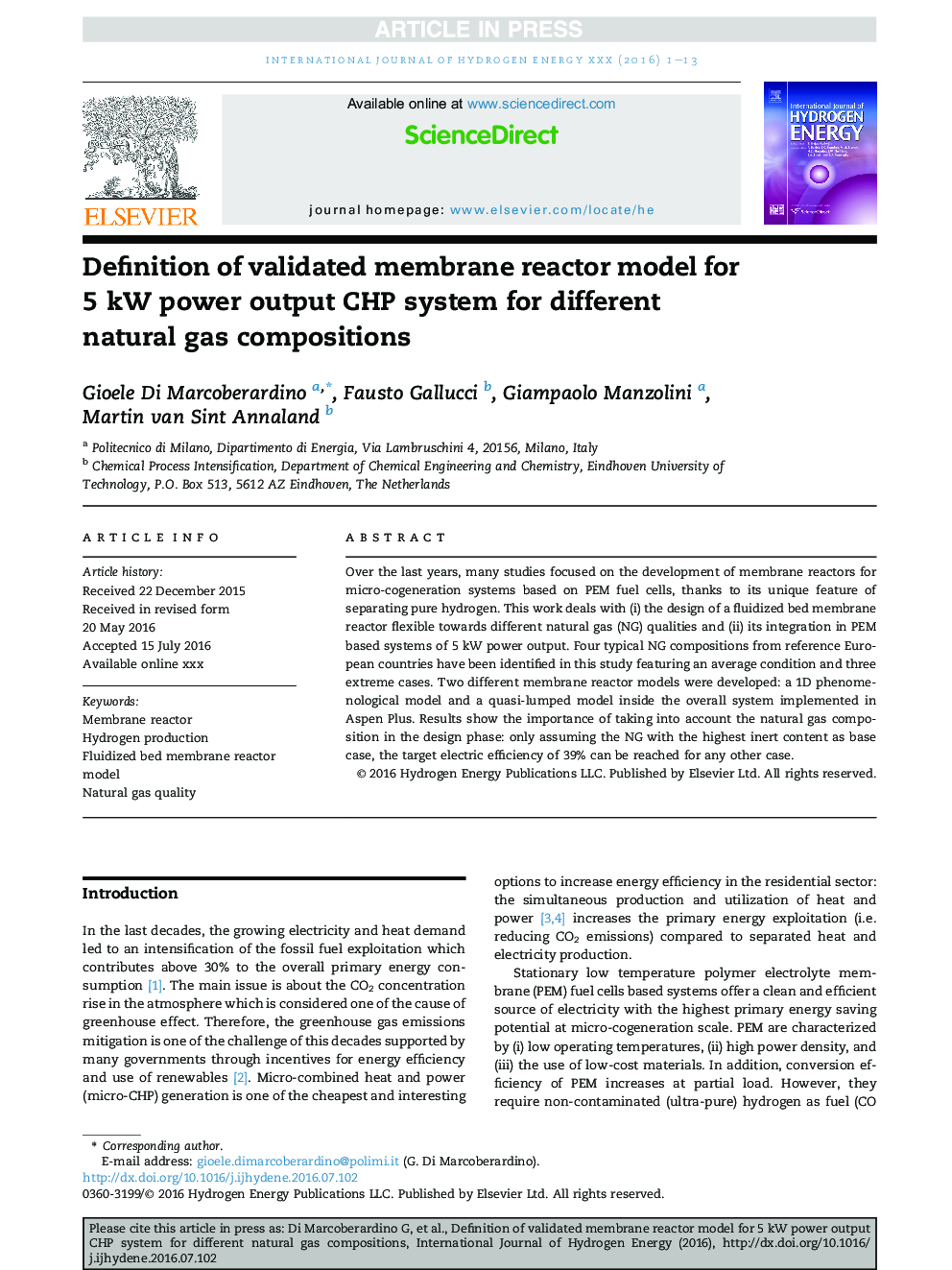 Definition of validated membrane reactor model for 5Â kW power output CHP system for different natural gas compositions