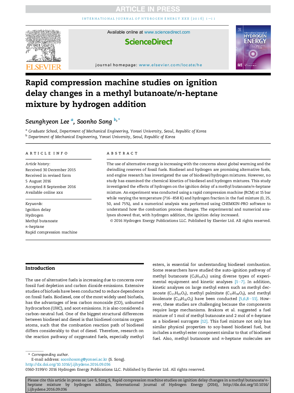 Rapid compression machine studies on ignition delay changes in a methyl butanoate/n-heptane mixture by hydrogen addition