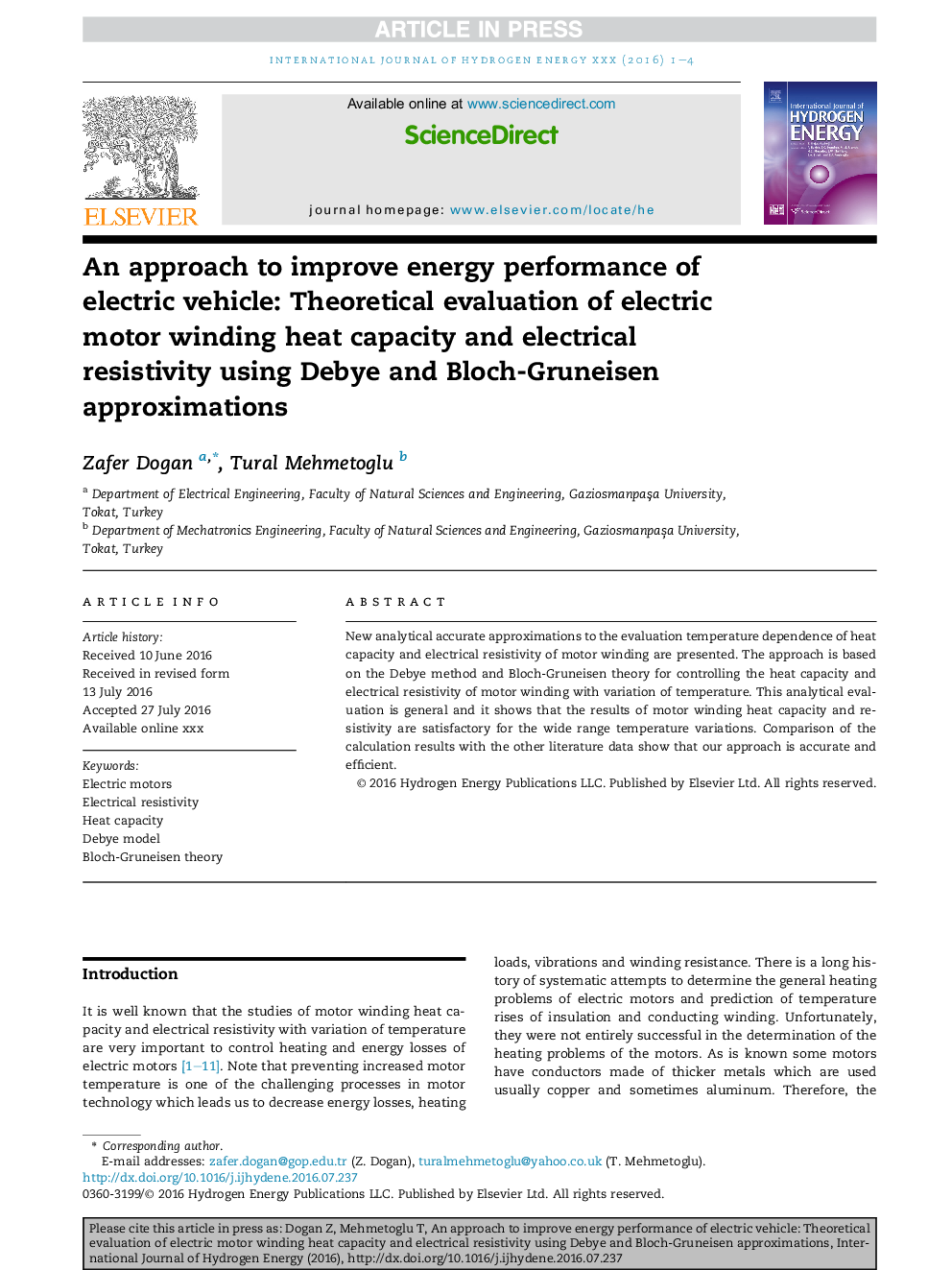 An approach to improve energy performance of electric vehicle: Theoretical evaluation of electric motor winding heat capacity and electrical resistivity using Debye and Bloch-Gruneisen approximations