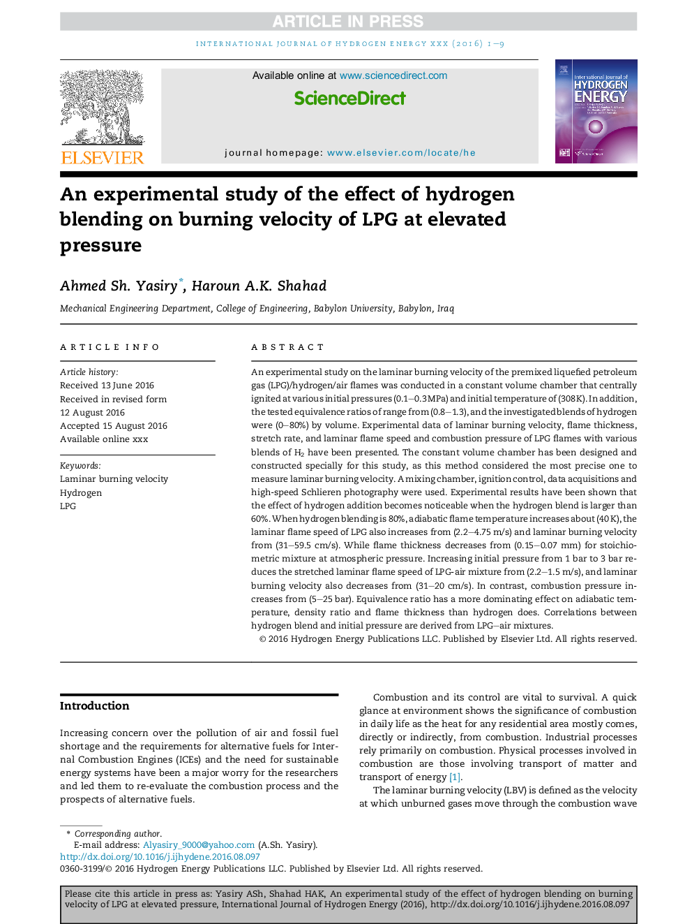 An experimental study of the effect of hydrogen blending on burning velocity of LPG at elevated pressure