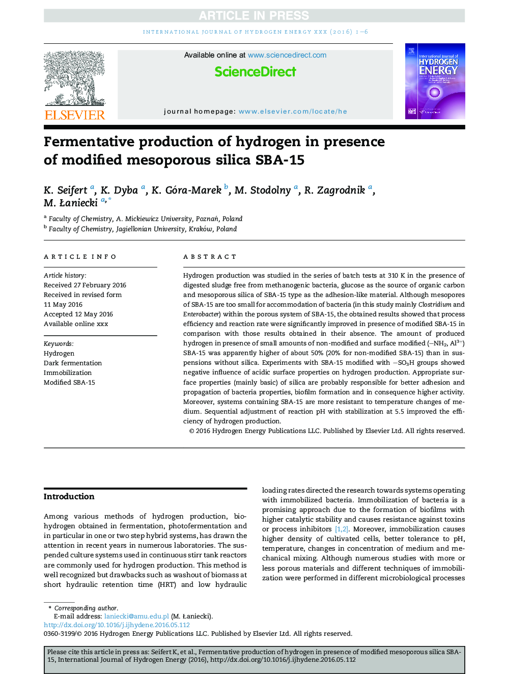 Fermentative production of hydrogen in presence of modified mesoporous silica SBA-15