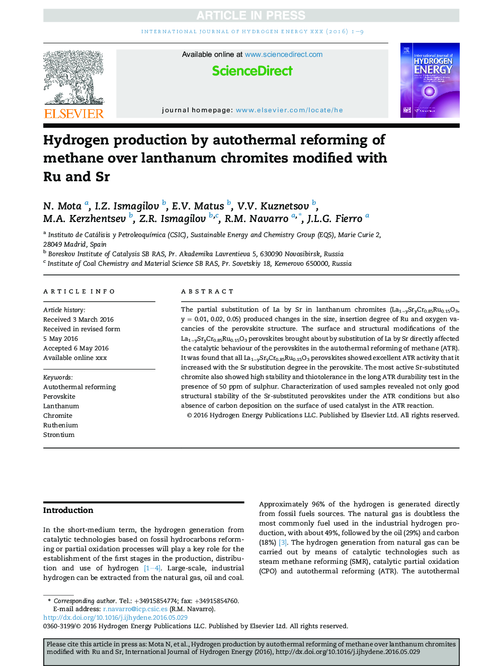 Hydrogen production by autothermal reforming of methane over lanthanum chromites modified with Ru and Sr