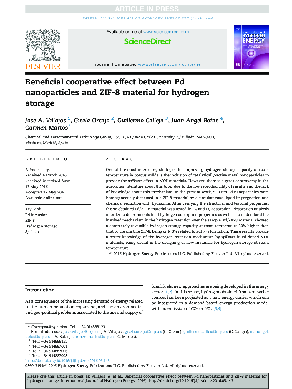 Beneficial cooperative effect between Pd nanoparticles and ZIF-8 material for hydrogen storage