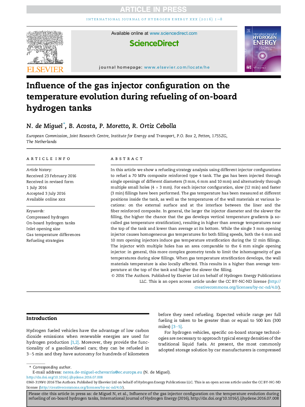 Influence of the gas injector configuration on the temperature evolution during refueling of on-board hydrogen tanks