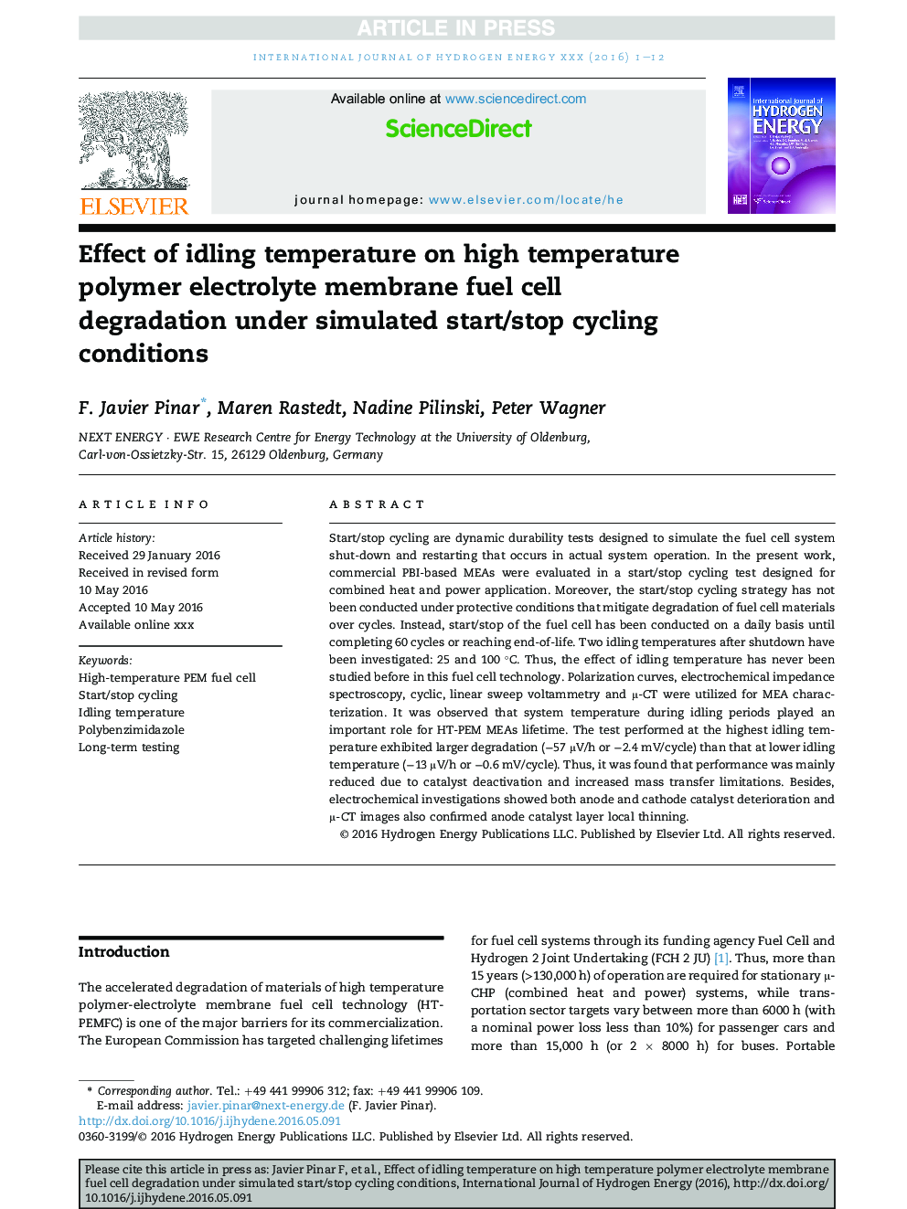 Effect of idling temperature on high temperature polymer electrolyte membrane fuel cell degradation under simulated start/stop cycling conditions