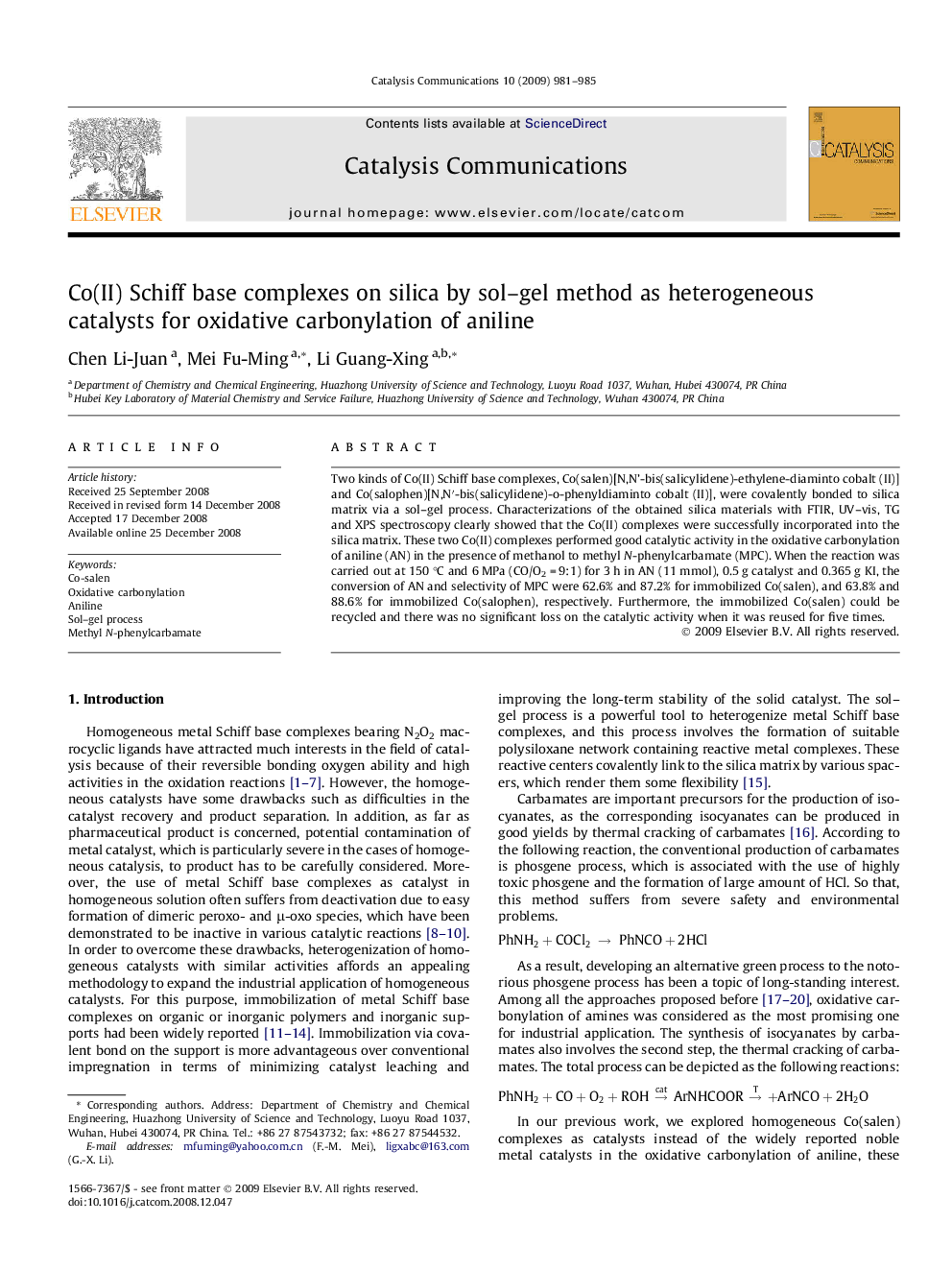 Co(II) Schiff base complexes on silica by sol–gel method as heterogeneous catalysts for oxidative carbonylation of aniline