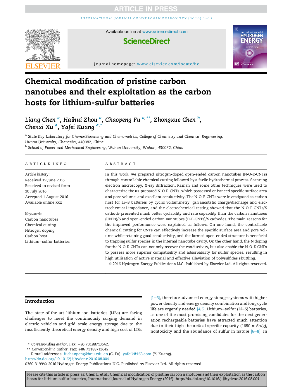 Chemical modification of pristine carbon nanotubes and their exploitation as the carbon hosts for lithium-sulfur batteries