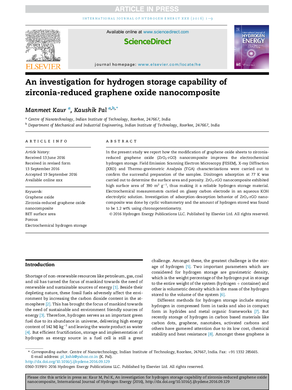 An investigation for hydrogen storage capability of zirconia-reduced graphene oxide nanocomposite