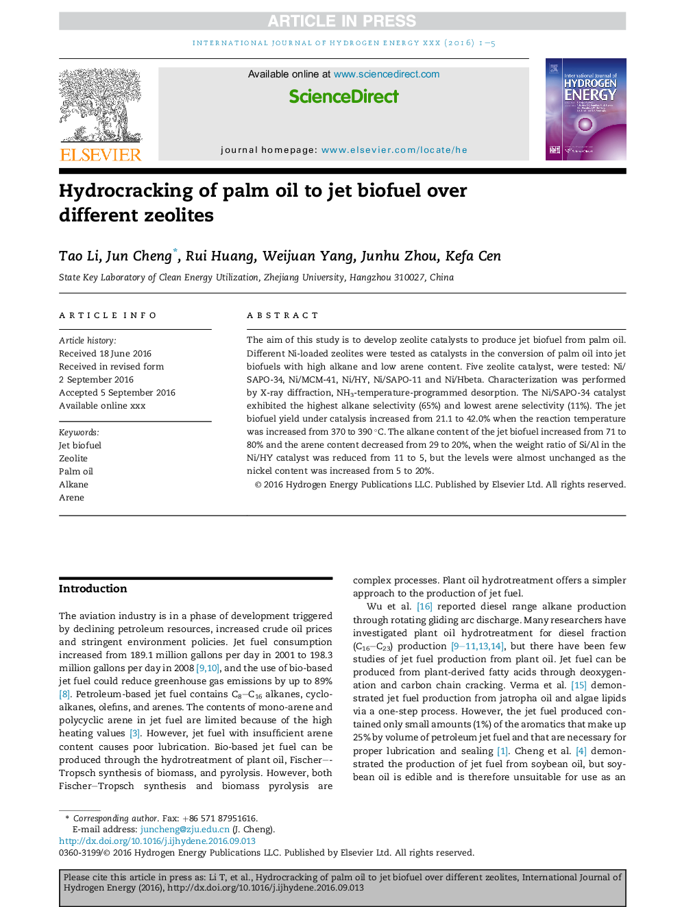 Hydrocracking of palm oil to jet biofuel over different zeolites