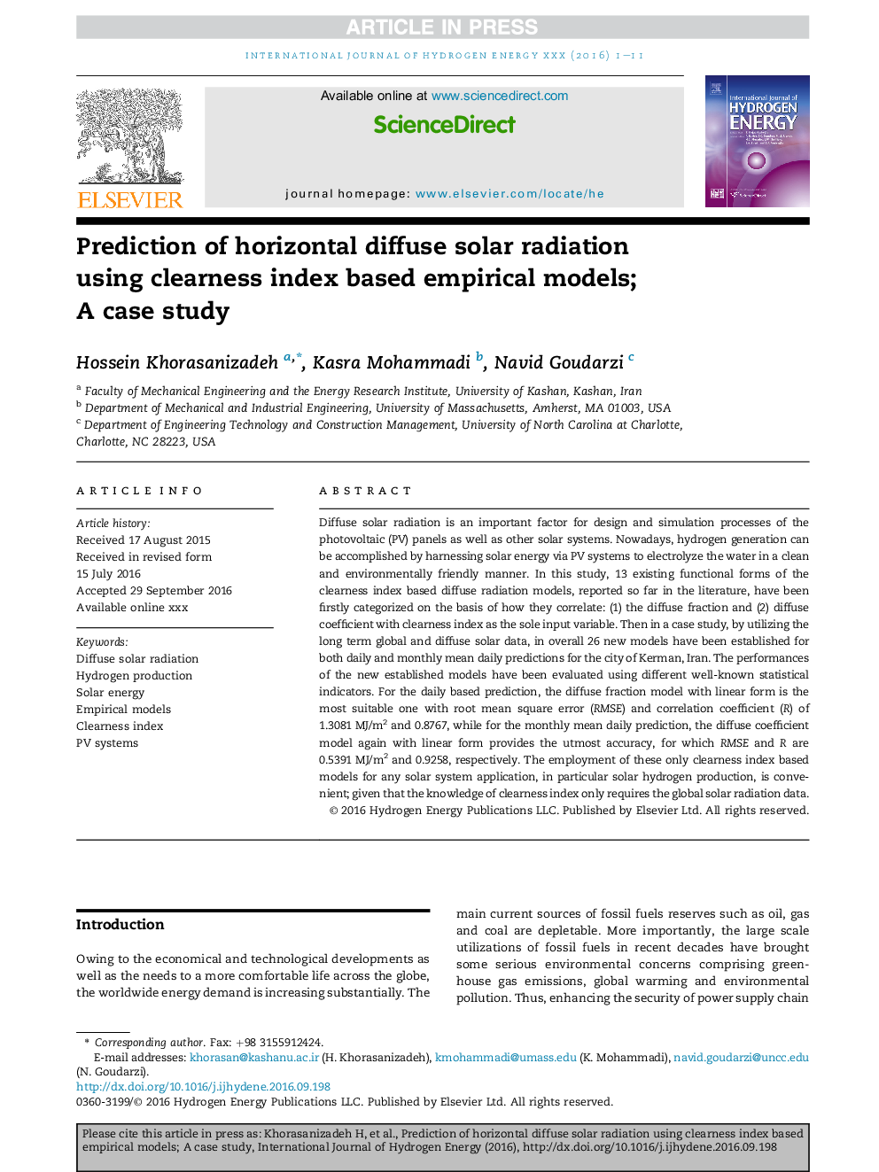 Prediction of horizontal diffuse solar radiation using clearness index based empirical models; A case study