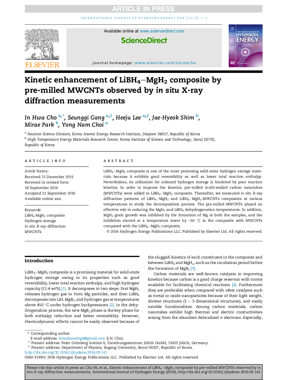 Kinetic enhancement of LiBH4-MgH2 composite by pre-milled MWCNTs observed by in situ X-ray diffraction measurements