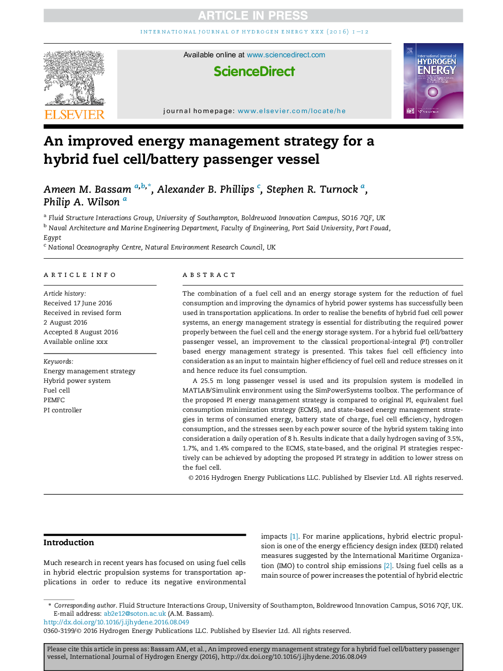 An improved energy management strategy for a hybrid fuel cell/battery passenger vessel