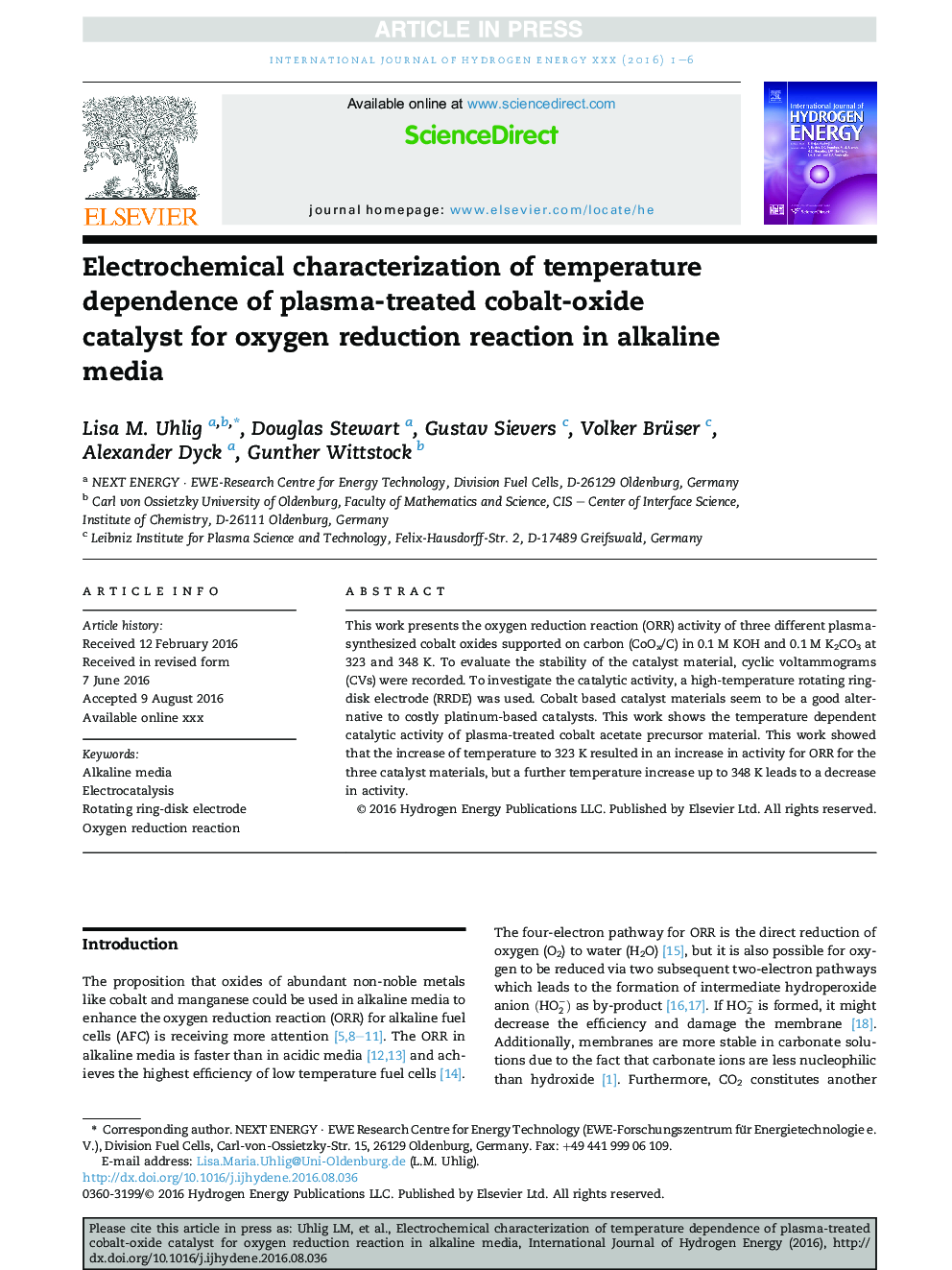 Electrochemical characterization of temperature dependence of plasma-treated cobalt-oxide catalyst for oxygen reduction reaction in alkaline media