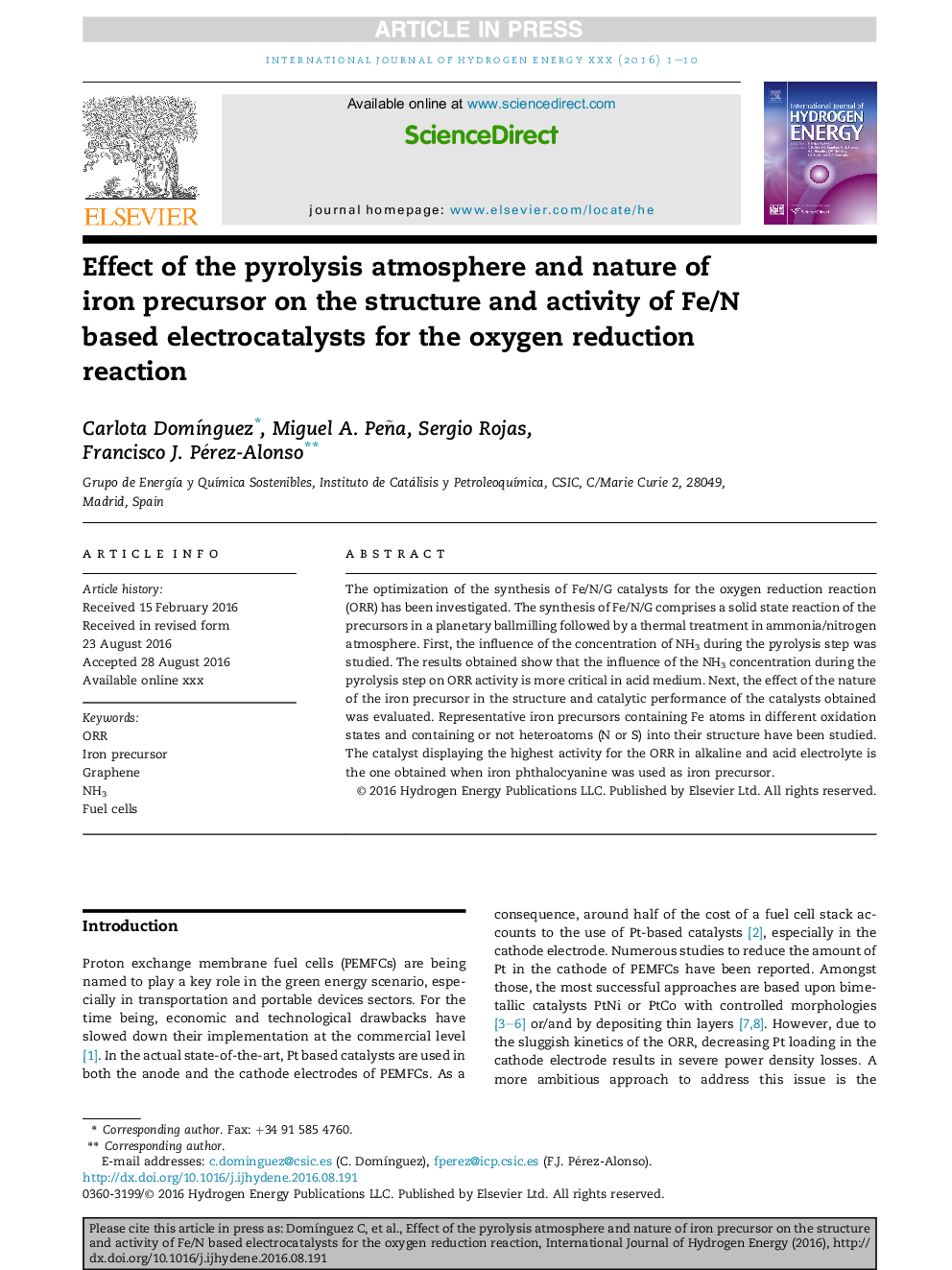 Effect of the pyrolysis atmosphere and nature of iron precursor on the structure and activity of Fe/N based electrocatalysts for the oxygen reduction reaction