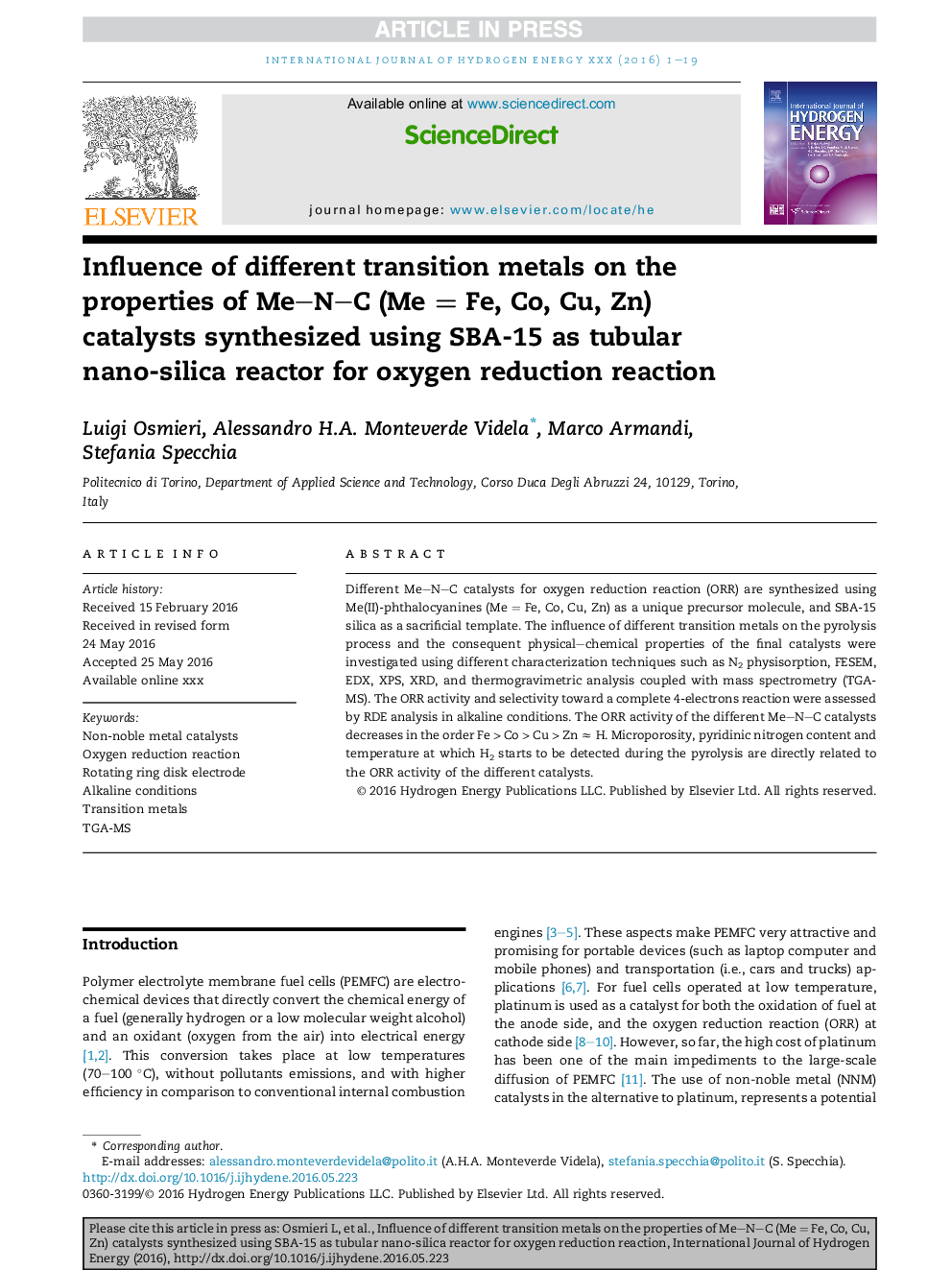 Influence of different transition metals on the properties of Me-N-C (MeÂ =Â Fe, Co, Cu, Zn) catalysts synthesized using SBA-15 as tubular nano-silica reactor for oxygen reduction reaction