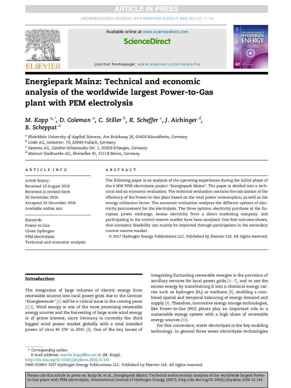 Energiepark Mainz: Technical and economic analysis of the worldwide largest Power-to-Gas plant with PEM electrolysis