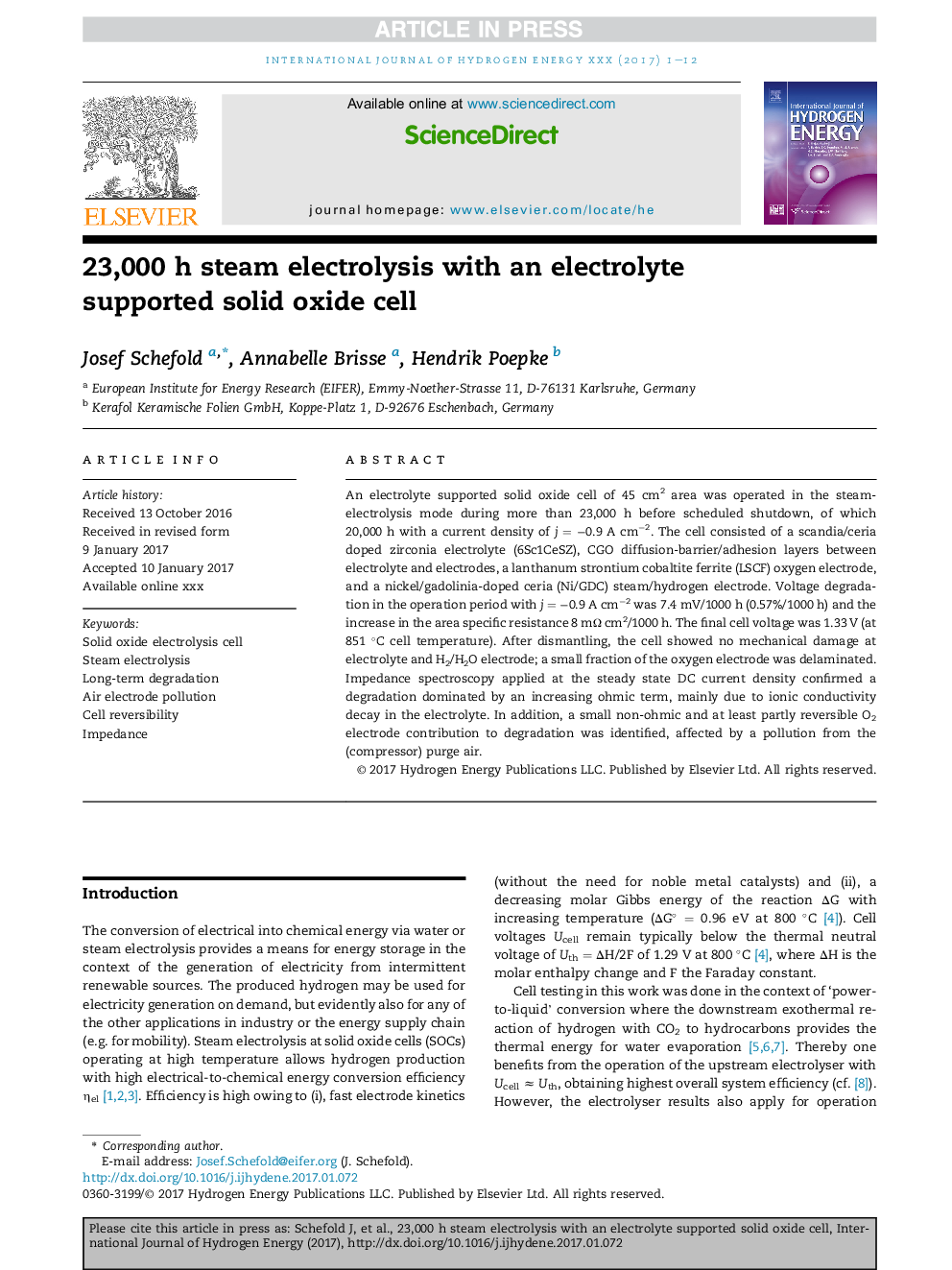 23,000Â hÂ steam electrolysis with an electrolyte supported solid oxide cell