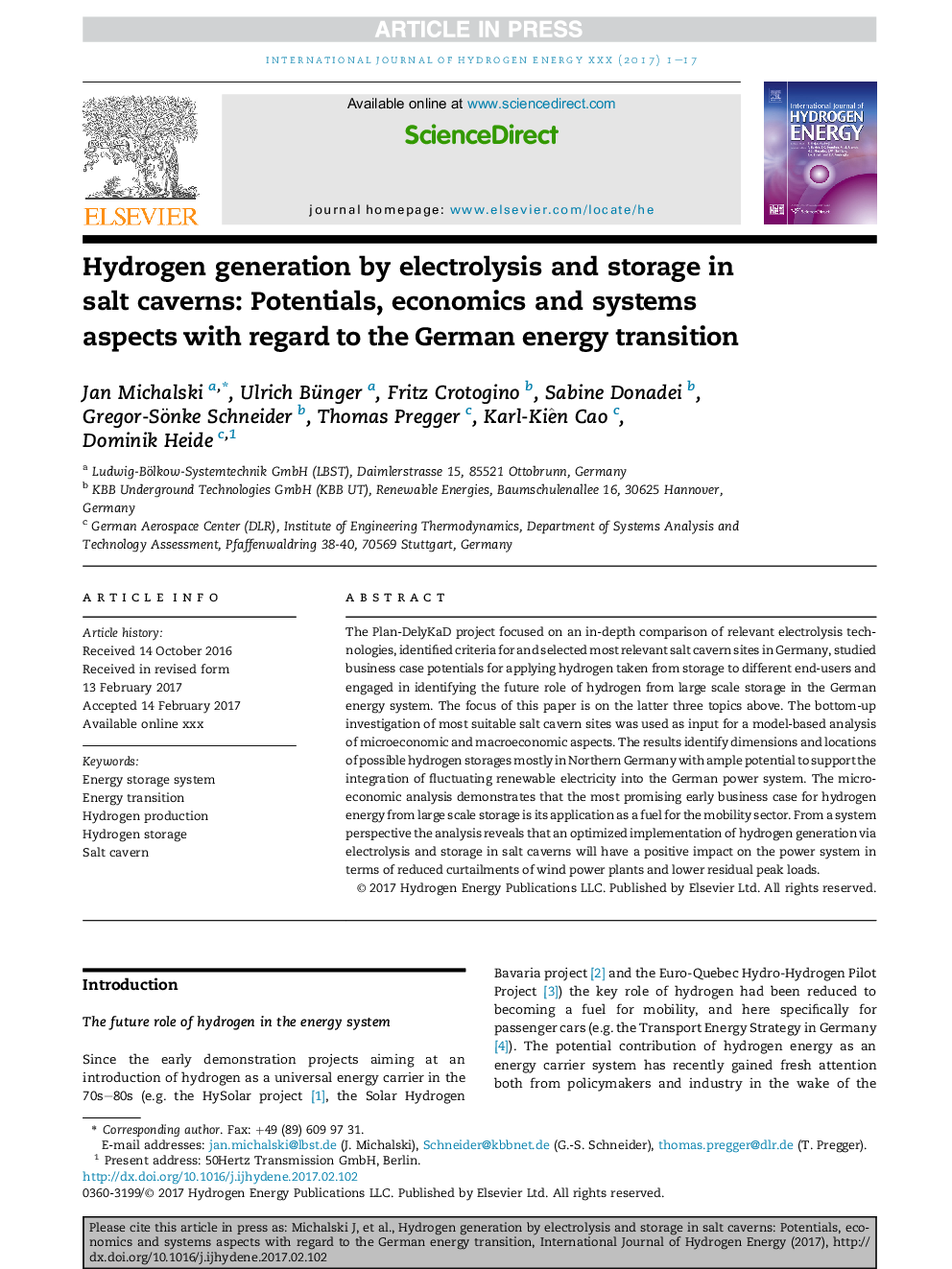 Hydrogen generation by electrolysis and storage in salt caverns: Potentials, economics and systems aspects with regard to the German energy transition