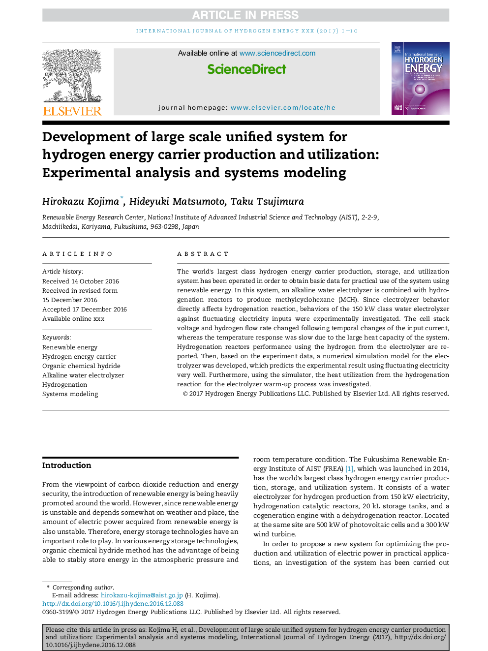 Development of large scale unified system for hydrogen energy carrier production and utilization: Experimental analysis and systems modeling