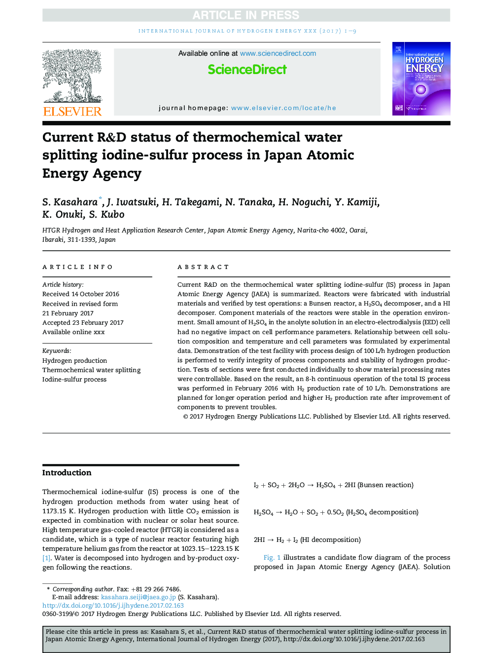Current R&D status of thermochemical water splitting iodine-sulfur process in Japan Atomic Energy Agency