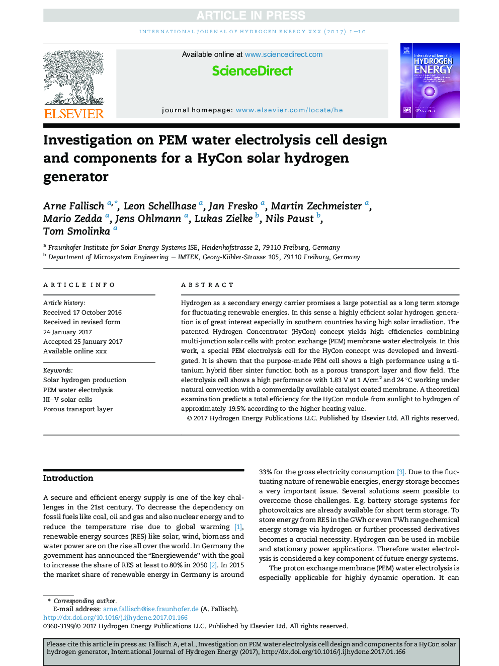 Investigation on PEM water electrolysis cell design and components for a HyCon solar hydrogen generator