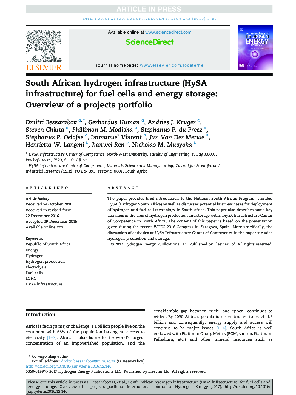 South African hydrogen infrastructure (HySA infrastructure) for fuel cells and energy storage: Overview of a projects portfolio