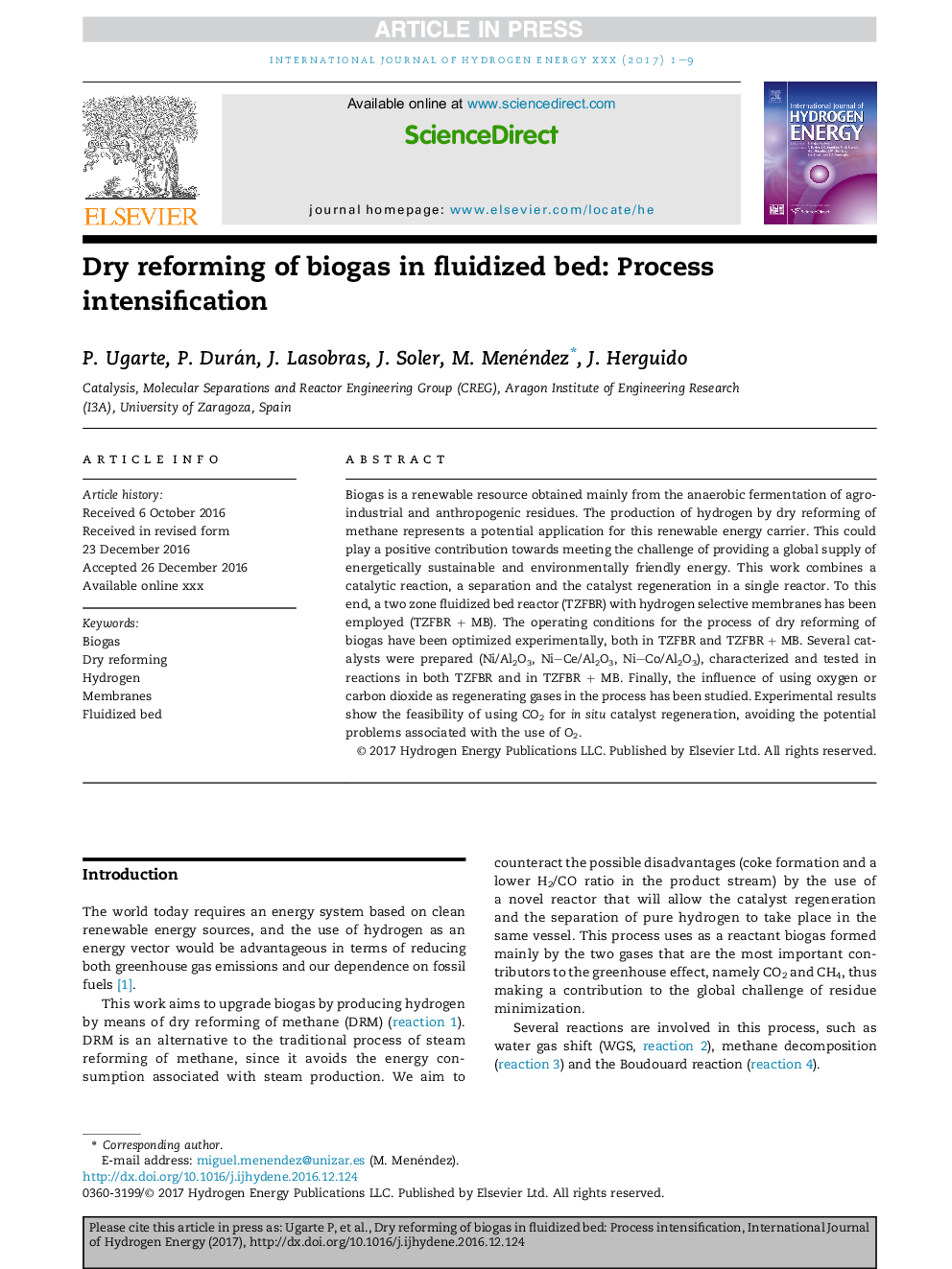 Dry reforming of biogas in fluidized bed: Process intensification