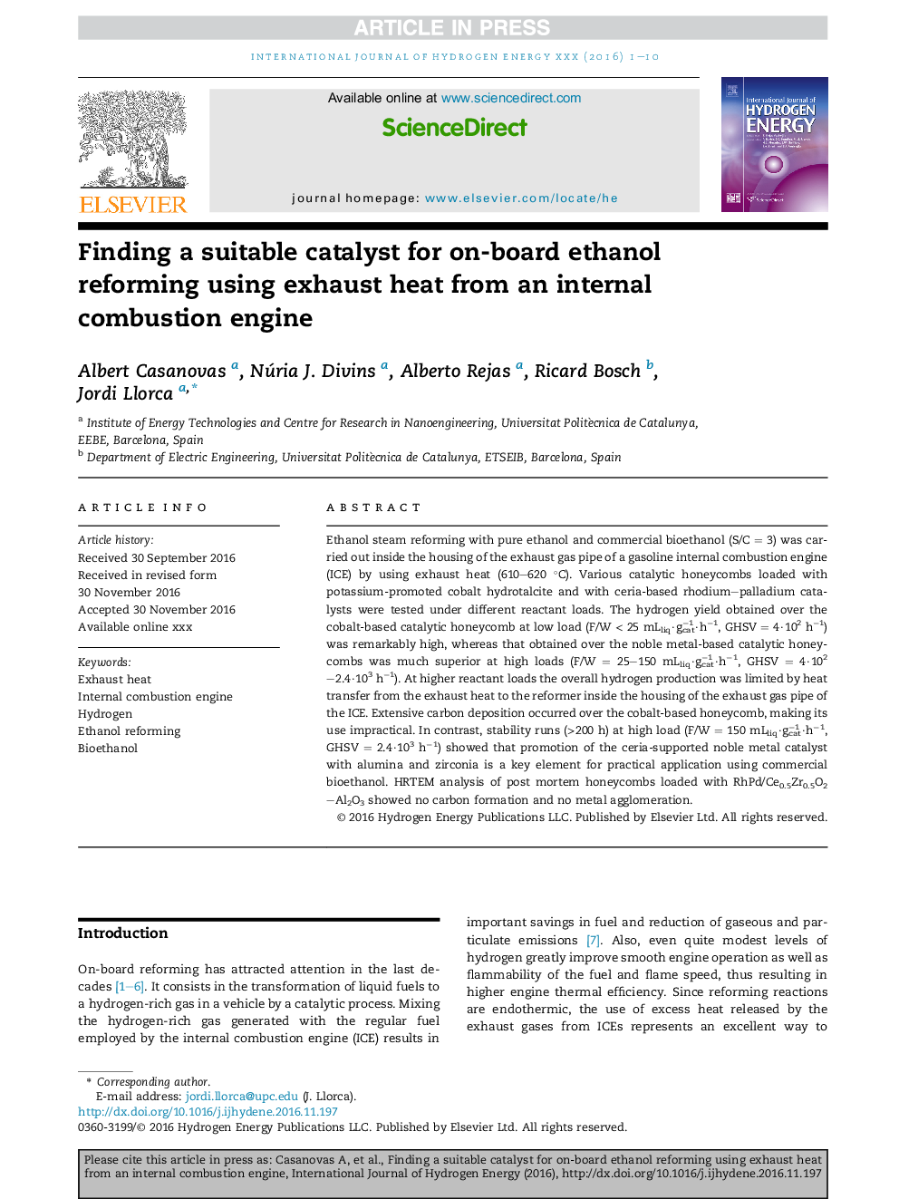 Finding a suitable catalyst for on-board ethanol reforming using exhaust heat from an internal combustion engine