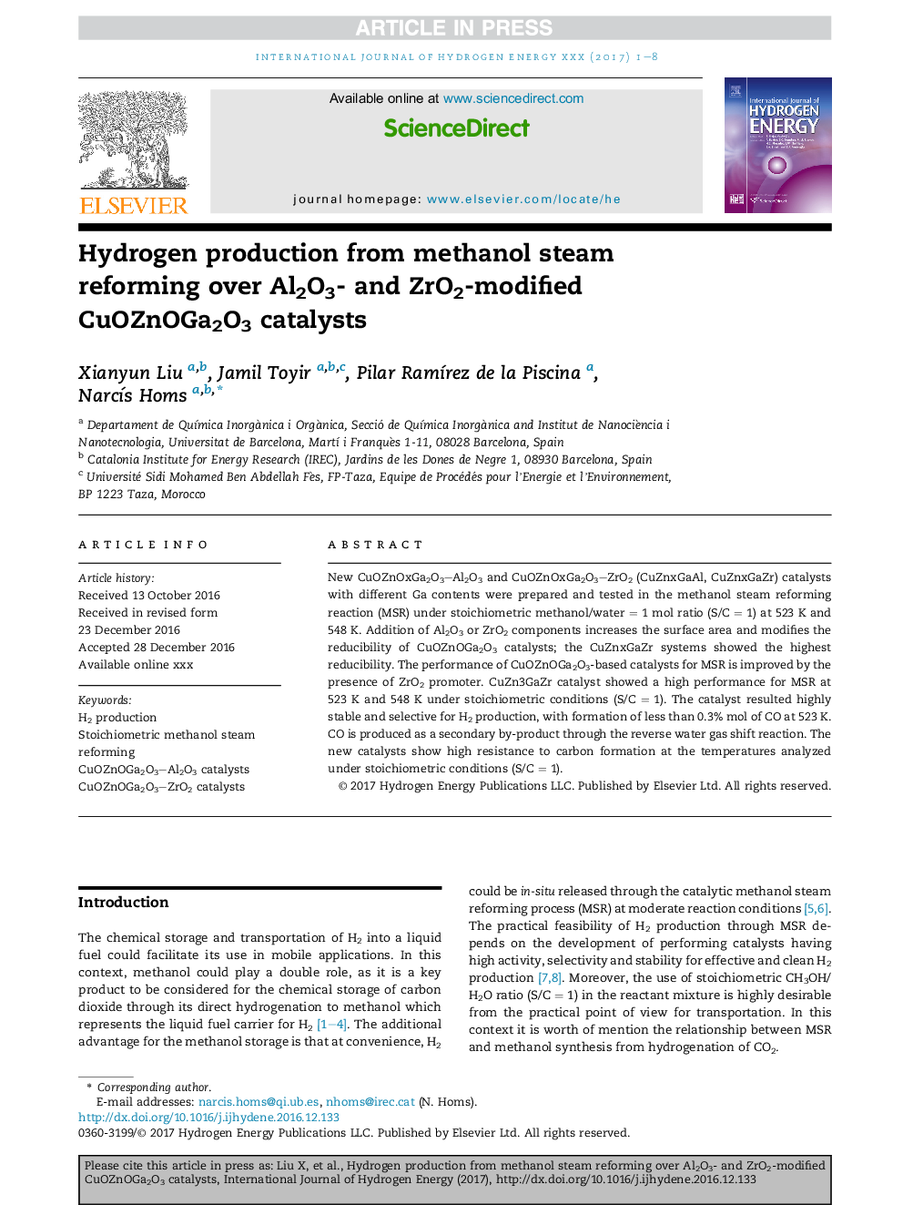 Hydrogen production from methanol steam reforming over Al2O3- and ZrO2-modified CuOZnOGa2O3 catalysts