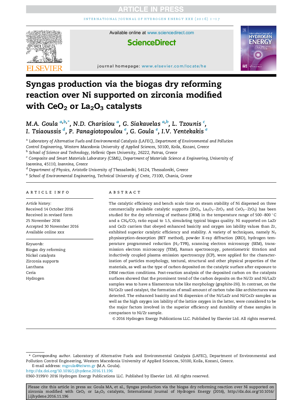 Syngas production via the biogas dry reforming reaction over Ni supported on zirconia modified with CeO2 or La2O3 catalysts